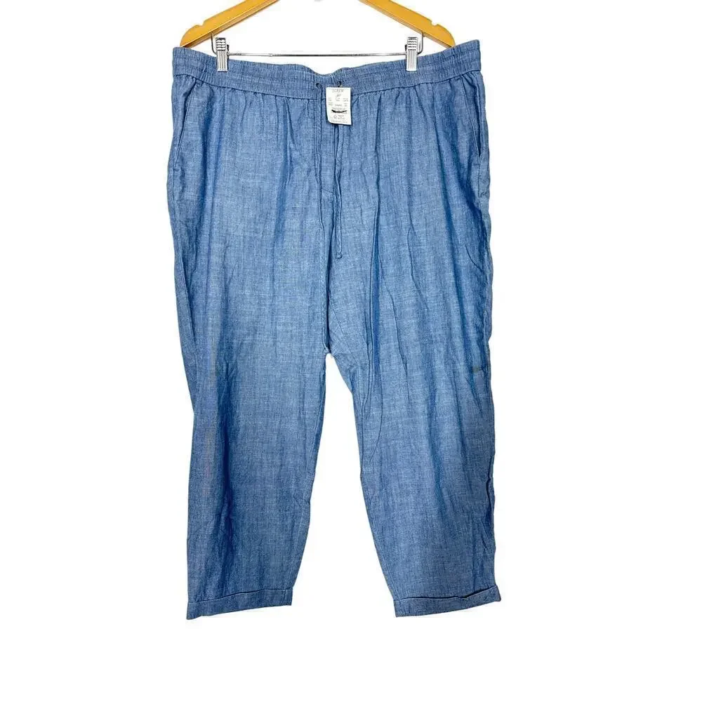 J. Crew Pants Chambray Drawstring Waist Tapered Cotton Med Echo Blue Wash NWT 18